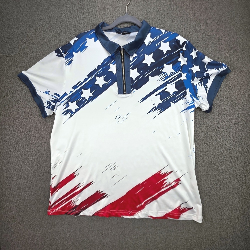 Ouku‎ American Flag Polo Shirt Mens Blue White Red Stars Stripes 1/4 Zip XL